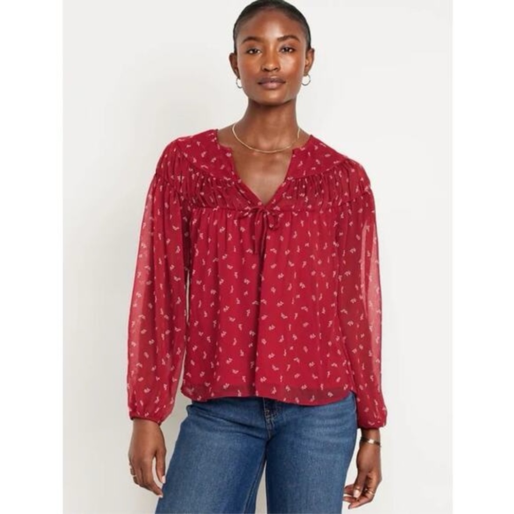 Old Navy Tie Front Red Floral Chiffon Long Sleeve Boho Blouse feminine dainty sm